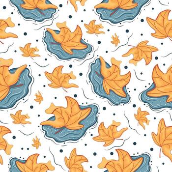 seamless pattern of maple leaf icons in various shapes lying in puddles of water with splashes around, for autumn printing, packaging or other design vector