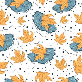 seamless pattern with autumn leaf from a deciduous tree lying in a blue puddle of water, for autumn printing, packaging or other designs vector