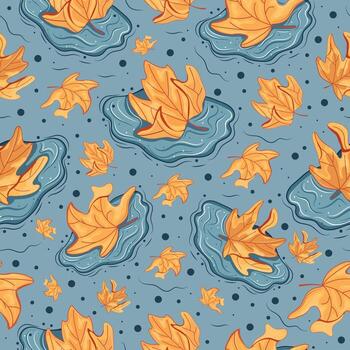 seamless pattern of maple leaf icons in various shapes lying in puddles of water with splashes around on a blue background, for autumn printing, packaging or other designs vector