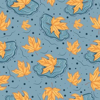 seamless pattern with autumn leaf from a deciduous tree lying in a blue puddle of water on a blue background, for autumn printing, packaging or other designs vector