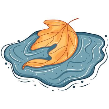 icon of a yellow autumn leaf from under a linden tree lying in a puddle with splashes around it, for autumn printing, packaging or other designs vector