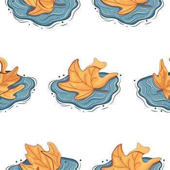 pattern of maple leaf icons in various shapes lying in puddles of water with splashes around, for autumn printing, packaging or other designs vector