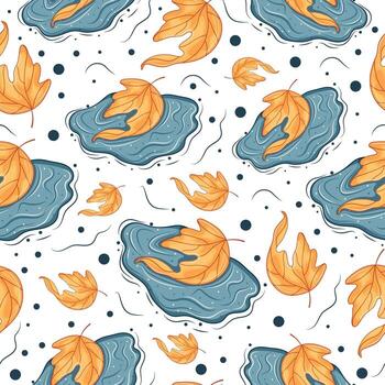 seamless pattern with yellow autumn leaves from under a linden tree lying in a puddle with splashes around, for autumn printing, packaging or other designs vector