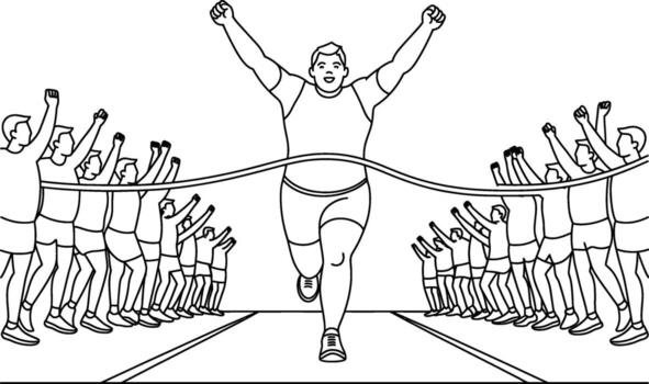 Runner crossing finish line cheered by crowd running vector