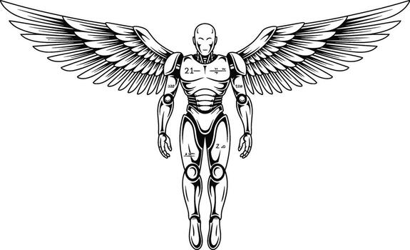 futurista robot con grande alas y números androide vector