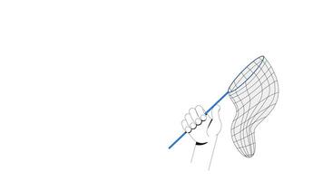 hand svängande fångst netto 2d animation. sotning fjäril netto stoppare genom luft. fångande verktyg, abstrakt jakt animerad tecknad serie ärm mänsklig kropp del 4k isolerat på vit transparent video