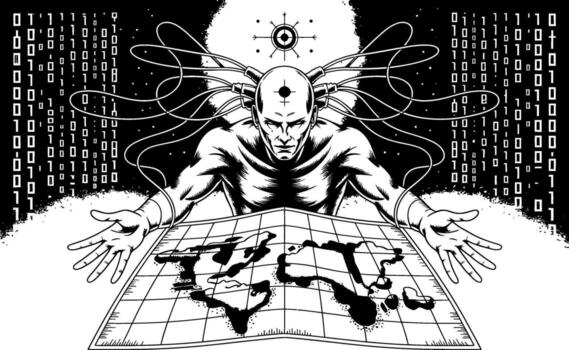 Man with wires connected to head over world map vector