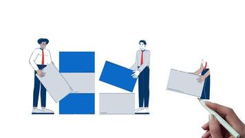 dados analytics equipe construção conjunto de dados mão desenhado quadro branco animação. dados visualização. analistas empilhamento blocos para dentro Barra gráfico animado rabisco desenhado à mão conceito lápis desenhando 4k video