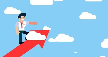 homem de negocios equitação uma vermelho seta através a nuvens para sucesso video