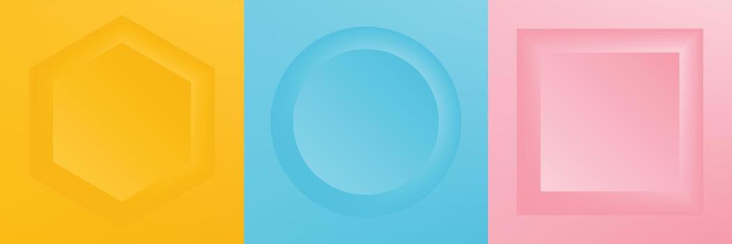 Set of realistic 3d geometric hexagon, circle and square frame. Collection of Minimal frames background with copy space. Top view for product display. illustration vector