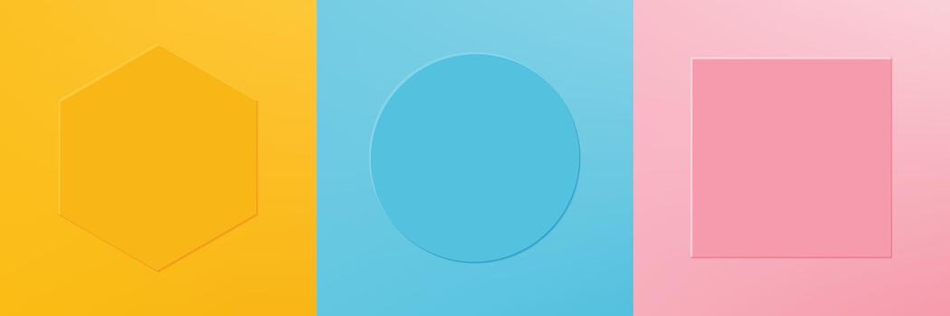 Set of realistic 3d geometric hexagon, circle and square frame. Collection of Minimal frames background with copy space. Top view for product display. vector