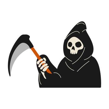 A skeleton is holding a large curved knife. The image has a creepy and scary mood. The skeleton is dressed in black and has a hood over its head. The knife is long and curved vector