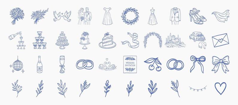 A blue and white image of various symbols and shapes, including a heart, a wreath, and a bow vector