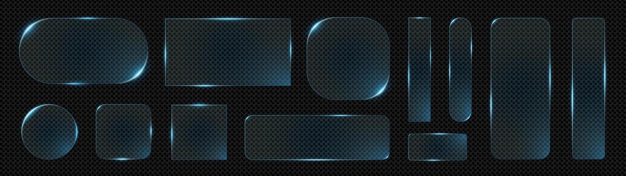 Neon glass panel collection with radiant blue edges and glossy finish. set of rectangles, circles and UI shapes for web or mobile interfaces, banners and tech backgrounds. vector