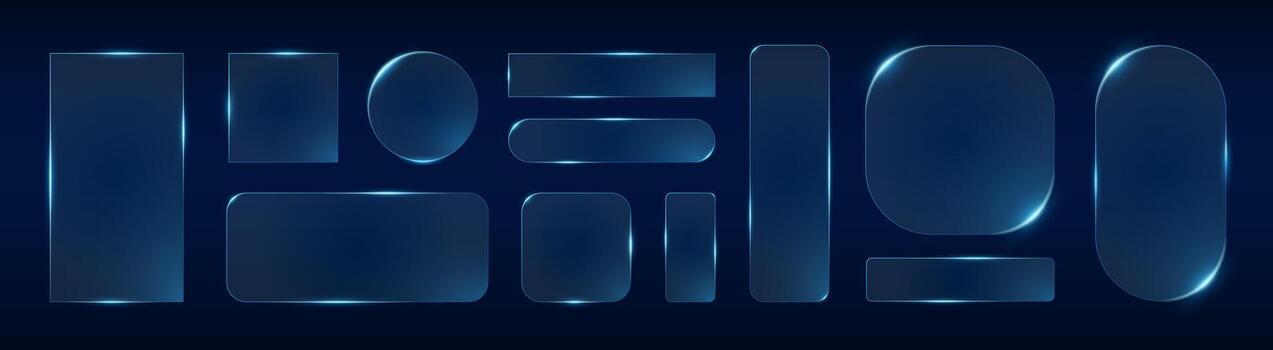 Glass frame set with neon blue glow and luminous borders. geometric shapes including rectangles, circles and rounded squares on dark backdrop. Futuristic digital design elements. vector