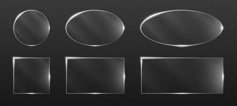 Neon glass frame set with glowing crystal edges on dark background. Transparent squares circles rectangles and hexagons for futuristic banners game UI elements and modern tech sign designs. vector