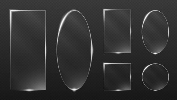 transparente vaso formas con brillante neón contornos rectángulos círculos óvalos y hexágonos brillante en contra oscuro fondo para ui diseño futurista paneles y iluminado digital letreros vector