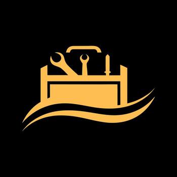 Golden toolbox with wrench and hammer on black background vector