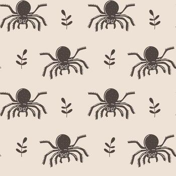 sin costura modelo con negro arañas y ramas en beige antecedentes en escalofriante Víspera de Todos los Santos estilo vector