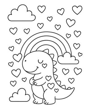 Smiling cartoon dinosaur stands amidst hearts, clouds, and a rainbow, presented with a transparent background vector