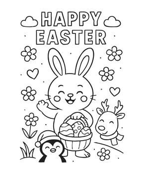Whimsical Easter friends featuring smiling rabbit, deer, and penguin hold basket with transparent background vector