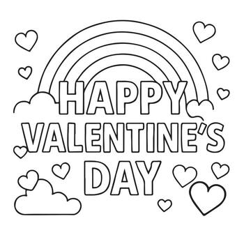 Outlined Happy Valentines Day text features a rainbow, clouds, and hearts on transparent background vector