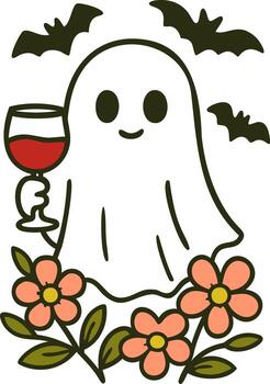 Happy ghost amidst flowers holds wine while bats hover above with transparent background vector