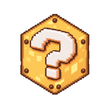 Retro game style question mark block floating in a simulated pixelated dimension with soft lighting png