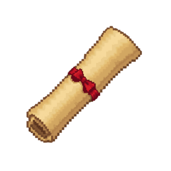 Pixelated parchment scroll with red ribbon tied around isolated on a transparent field of png