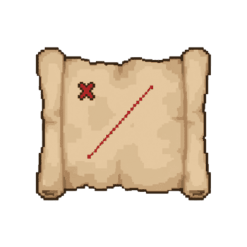 Pixelated treasure map parchment with red path marker on isolated transparent setting png