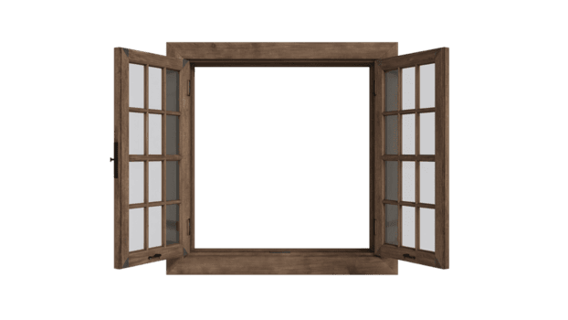 aberto de madeira janela quadro, Armação com múltiplo painéis contra uma transparente configuração revelador uma único png