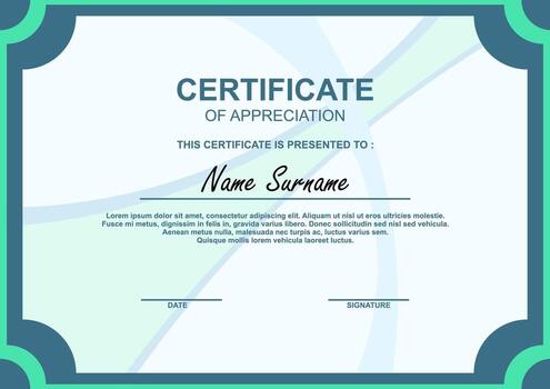 Modern certificate of appreciation template with teal borders and abstract background. Includes space for name, date, and signature. Perfect for customizable awards. vector
