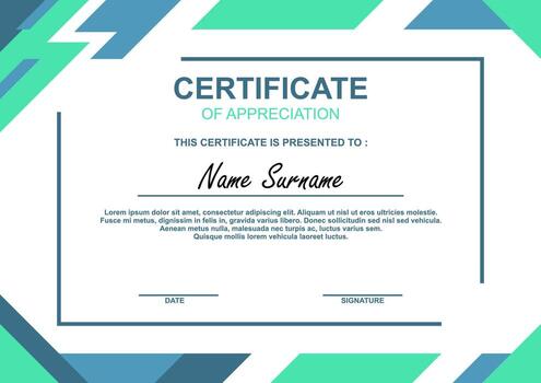 Certificate of appreciation template with modern geometric design in green and blue tones, ideal for awards and recognition. vector