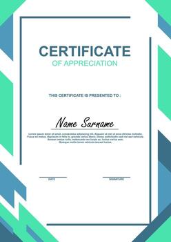 Clean and modern certificate of appreciation template with geometric design in blue and green. Ideal for award or recognition presentations. vector
