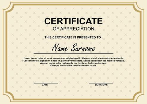 Elegant certificate of appreciation template with a classic design. Suitable for recognition, awards, or completion. Customizable with name, date, and signature fields. vector