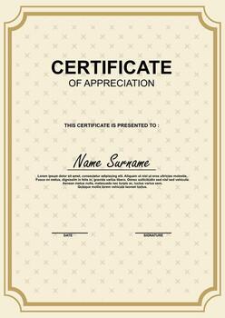 elegante certificado de apreciación modelo con clásico borde, beige patrón, y texto marcadores de posición para nombre, fecha, y firma. Listo para personalización vector