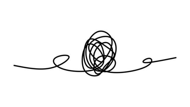 A tangled ball of thread unraveling, chaos leading to order concept, representing confusion, complexity, solution finding, and creative brainstorming. vector