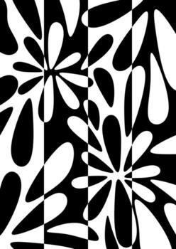 Bold black and white abstract pattern featuring organic shapes radiating from a central point, creating a dynamic and modern graphic design element. vector