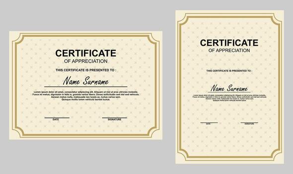 Certificate of appreciation template with ornamental borders and decorative background pattern, customizable with name, date, and signature fields. vector