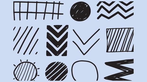 Hand drawn geometric shapes and patterns on a light blue background vector