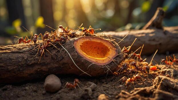 de cerca de un árbol maletero con un hueco sección, rodeado por hormigas en un iluminado por el sol bosque ajuste foto