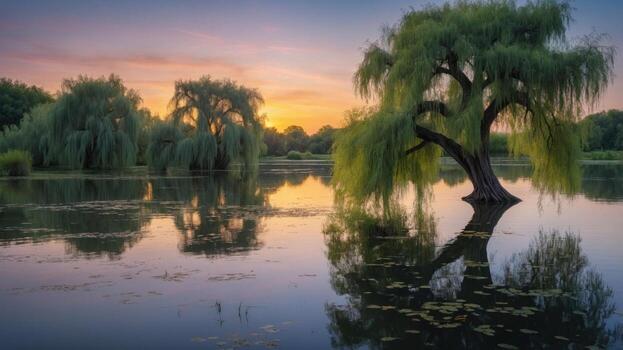 Serene sunset over a tranquil lake with willow trees reflecting in the water, creating a peaceful atmosphere photo
