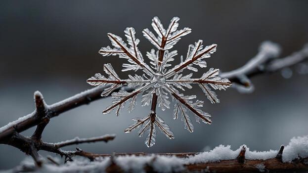 Intricate snowflake resting on a frost-covered branch against a blurred winter background photo