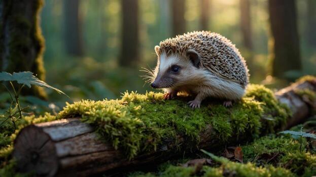 Hedgehog exploring a moss-covered log in a serene forest during golden hour, with soft sunlight filtering through trees photo