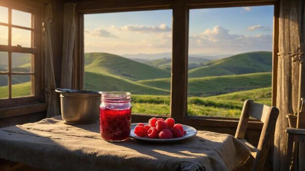 Scenic view from a rustic cabin with a jar of raspberry jam and fresh raspberries on a table photo