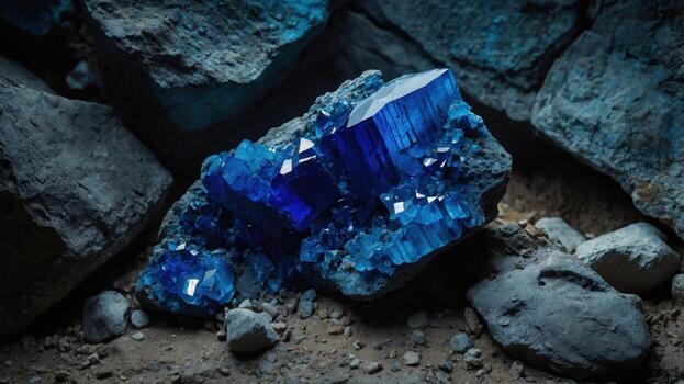 Stunning blue crystal formation on rocky surface, illuminated by soft light, highlighting textures photo