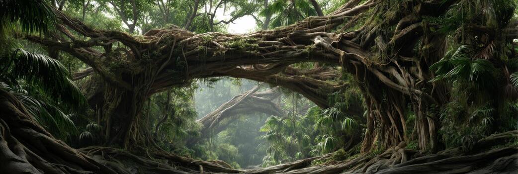 Enchanted Forest with Twisted Roots and Lush Green Foliage Under Soft Ambient Light in a Mystical Environment photo