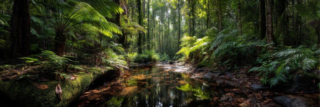 Lush Green Forest with Stream and Sunlight Filtering Through Canopy Creating a Serene Natural Scene photo