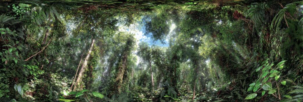 Serene Lush Canopy of Green Jungle with Sunlight Filtering Through Leaves in Tropical Rainforest Setting photo