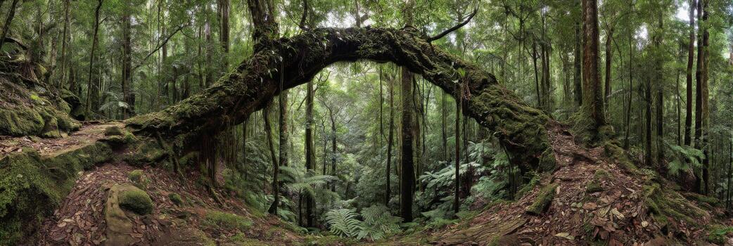 Lush Green Forest with Dramatic Arched Tree and Dense Foliage in Ethereal Natural Setting photo